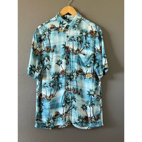 Island Shores Hawaiian Men's 
Shirt 100% Rayon Button Up Blue
Palm Trees Beach - Picture 1 of 4